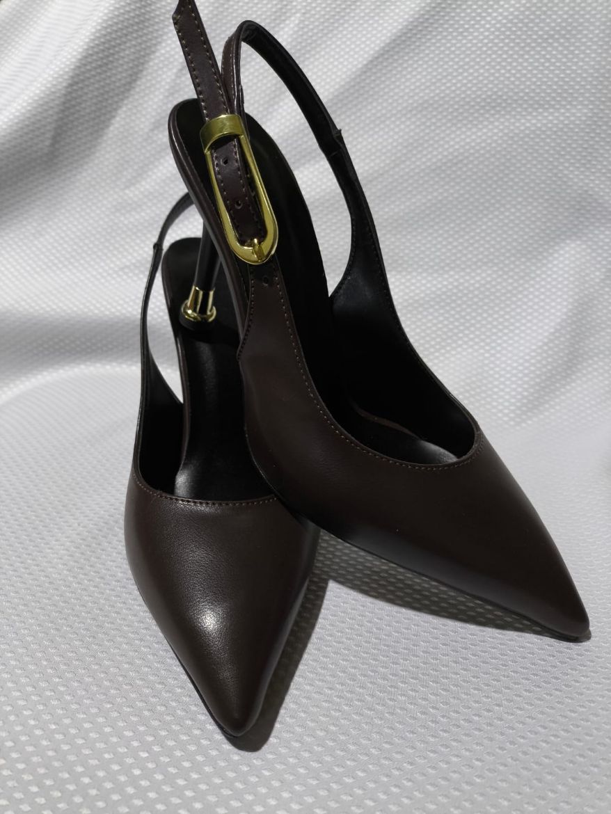Kadın Tokalı Sivri Burun Şık Topuklu Stiletto Ayakkabı  KAHVERENGİ CİLT resmi