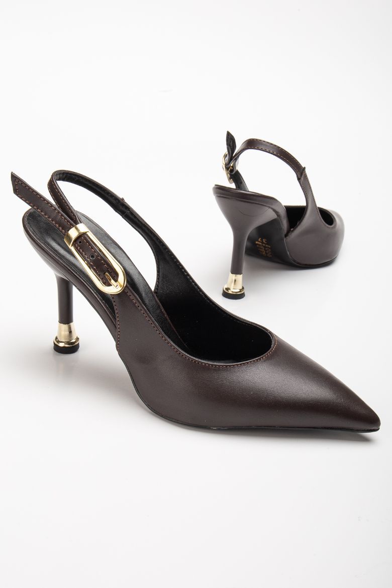 Kadın Tokalı Sivri Burun Şık Topuklu Stiletto Ayakkabı  KAHVERENGİ CİLT resmi