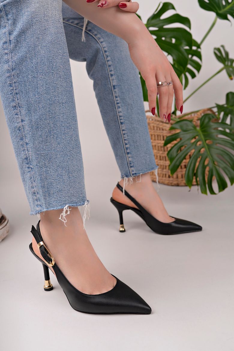 Kadın Tokalı Sivri Burun Şık Topuklu Stiletto Ayakkabı  KAHVERENGİ CİLT resmi