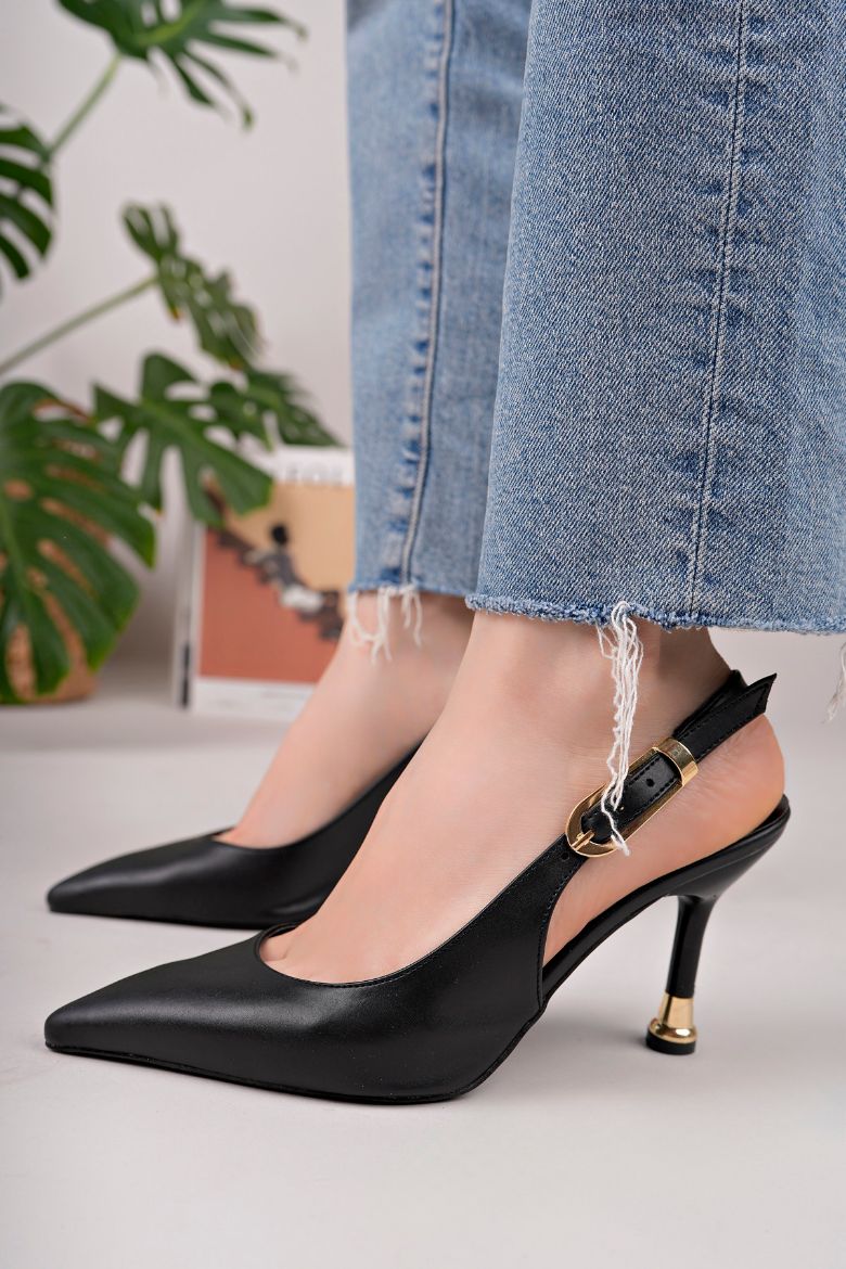Kadın Tokalı Sivri Burun Şık Topuklu Stiletto Ayakkabı  KAHVERENGİ CİLT resmi